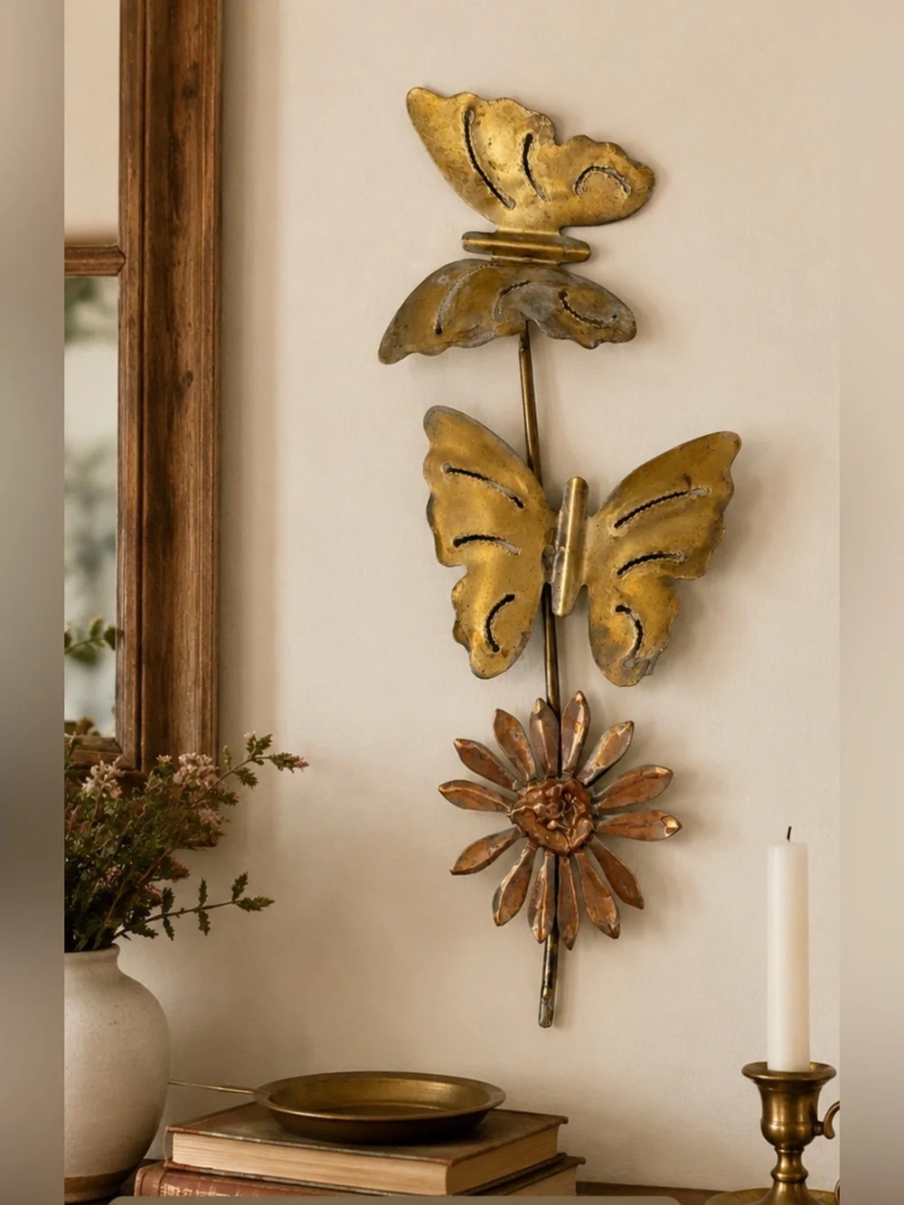 Vintage Style Butterfly Flower Metal Wall Decor Gold Copper Tone 18” Boho